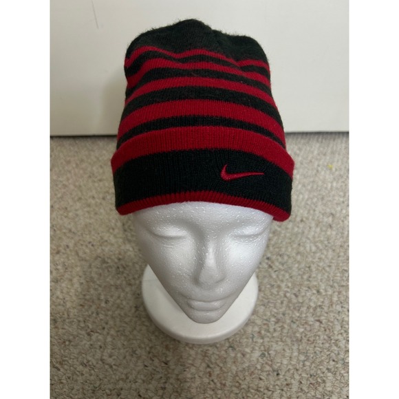 Nike Youth Striped Beanie Hat Black and Red Knit Cap Winter - Picture 1 of 6